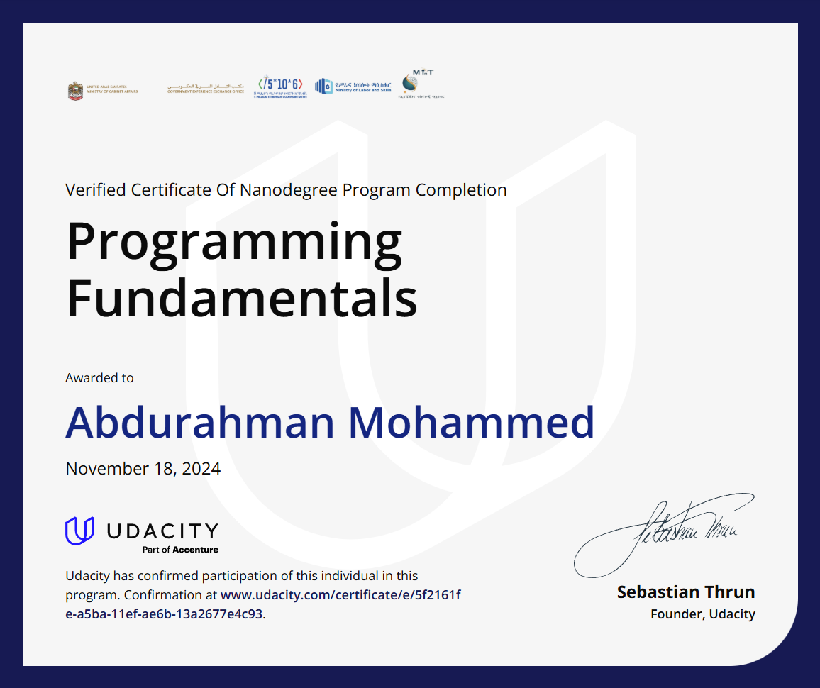 Udacity Programming Fundamentals Completion Certificate